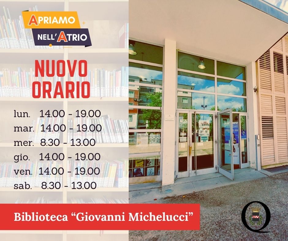 Immagine realizzata con una parte grafica contenente l'orario della biblioteca (lun, mart, giov e ven 14-19, merc e sabato 8.30-13; a fianco della parte grafica una foto riproduce l'ingresso della biblioteca